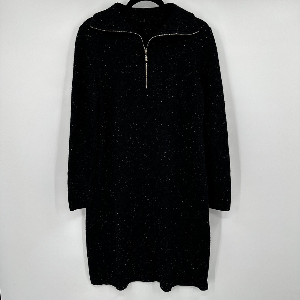 Talbots Black Speckled‎ Ribbed Knit Sweater Dress Quarter Zip Collar Size Medium